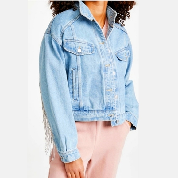 LAST ONE! Free People Rhinestone Fringe Denim Bomber Jacket Meteor Wash - Picture 8 of 15